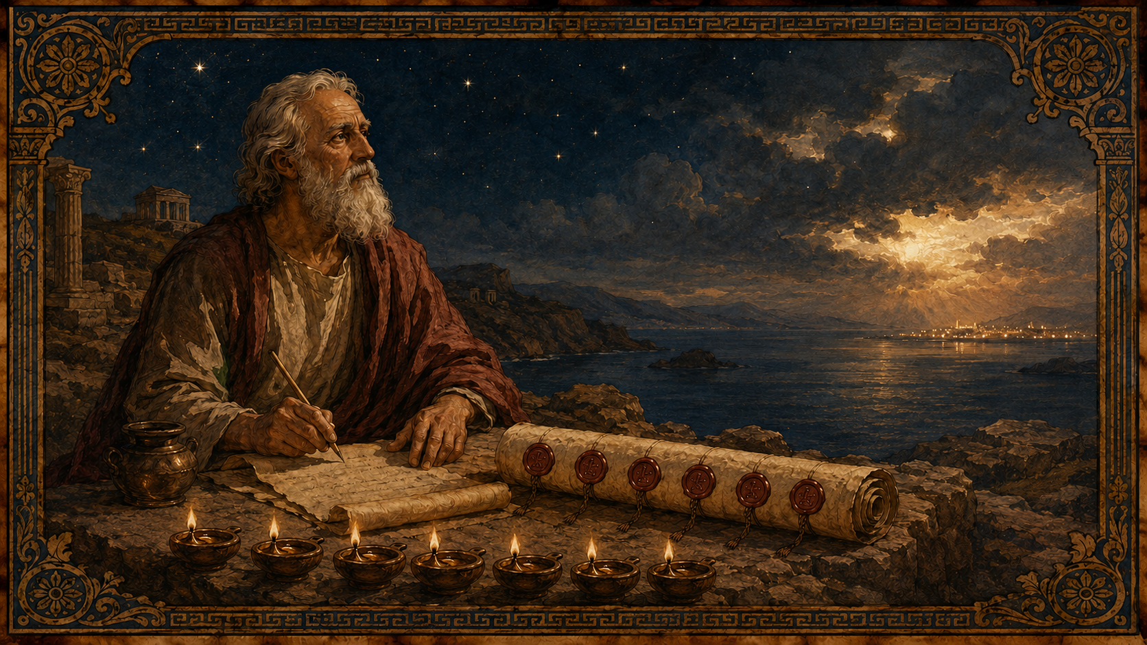 Editorial image of John on Patmos and symbols from Revelation