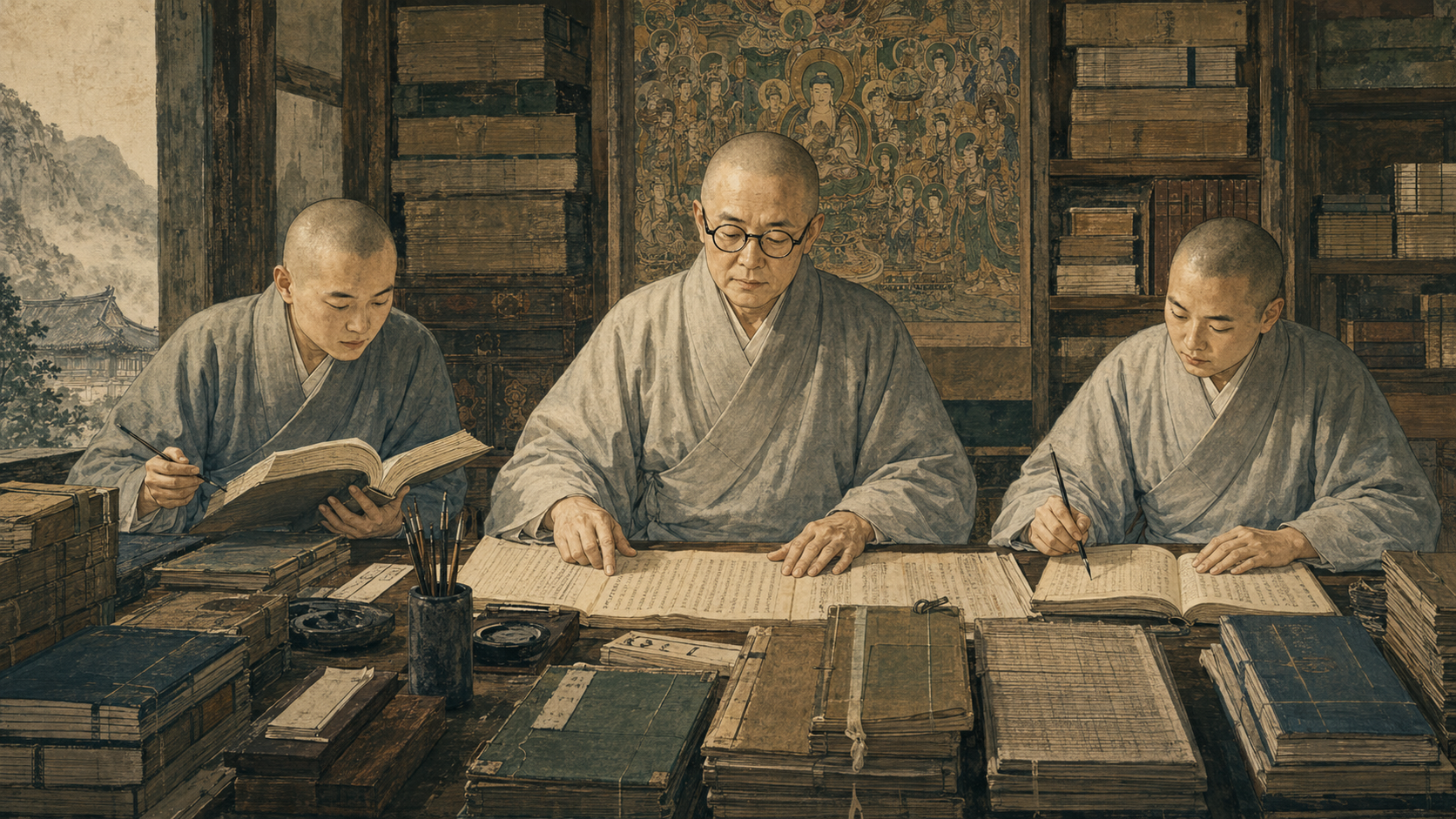 Reconstruction of Tanheo and students working on Huayan texts