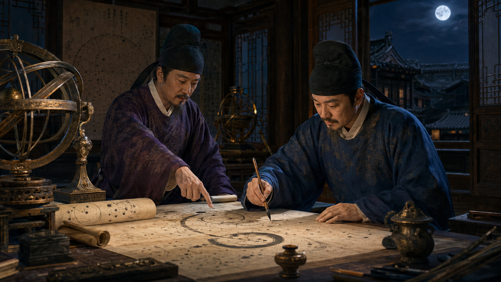 Editorial reconstruction of Tang-era scholars studying an illustrated prophetic text